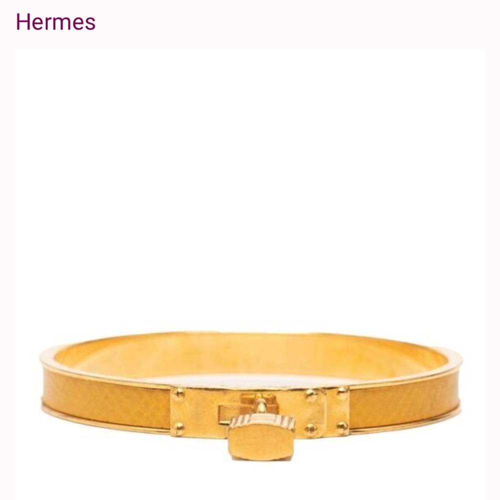 Hermes Kelly Cadena bangle bracelet lock Motif Yellow Leather inlay gold trim